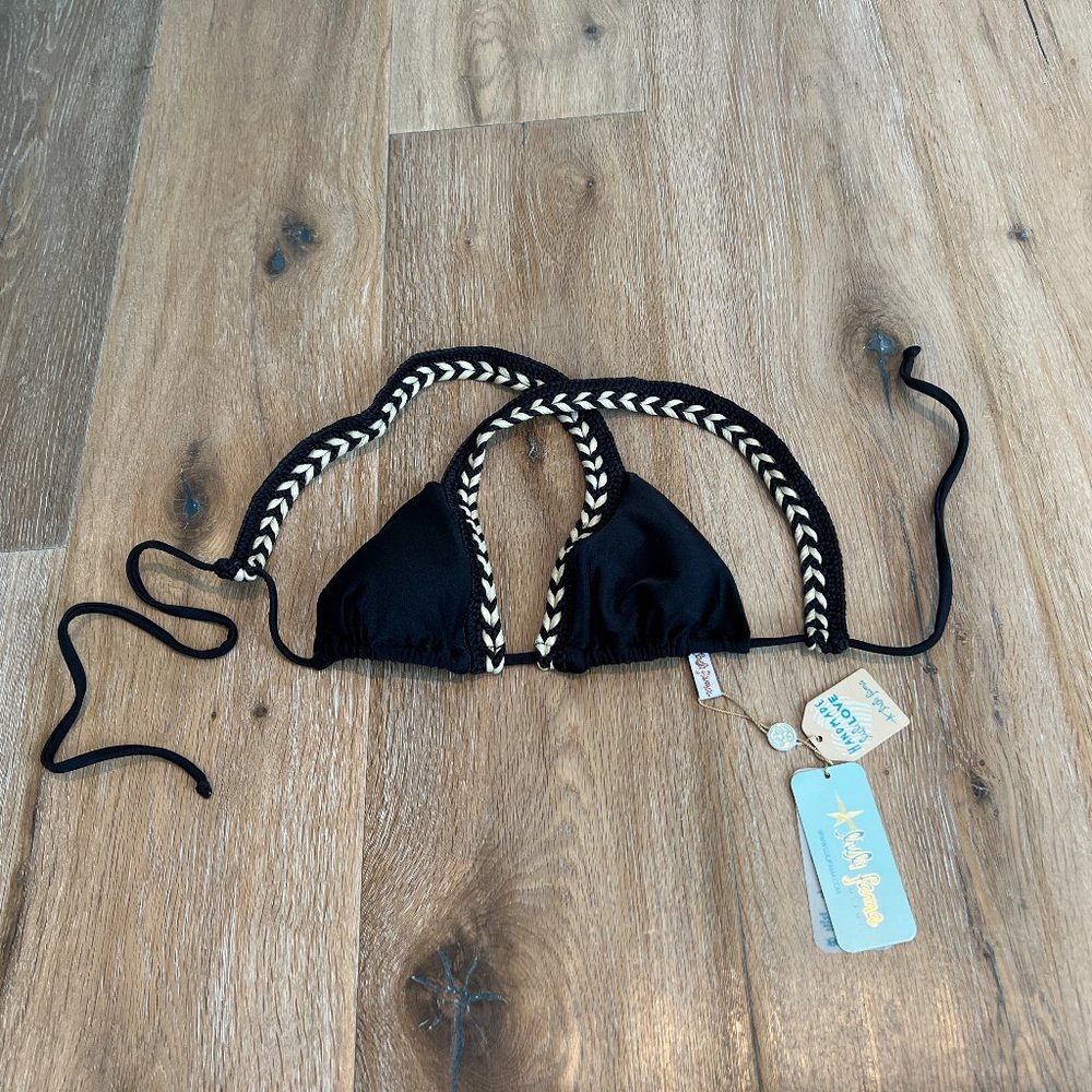 Luli Fama "Atrevida" Triangle Bikini Top Black w/ Gold Crochet & Braided Detail